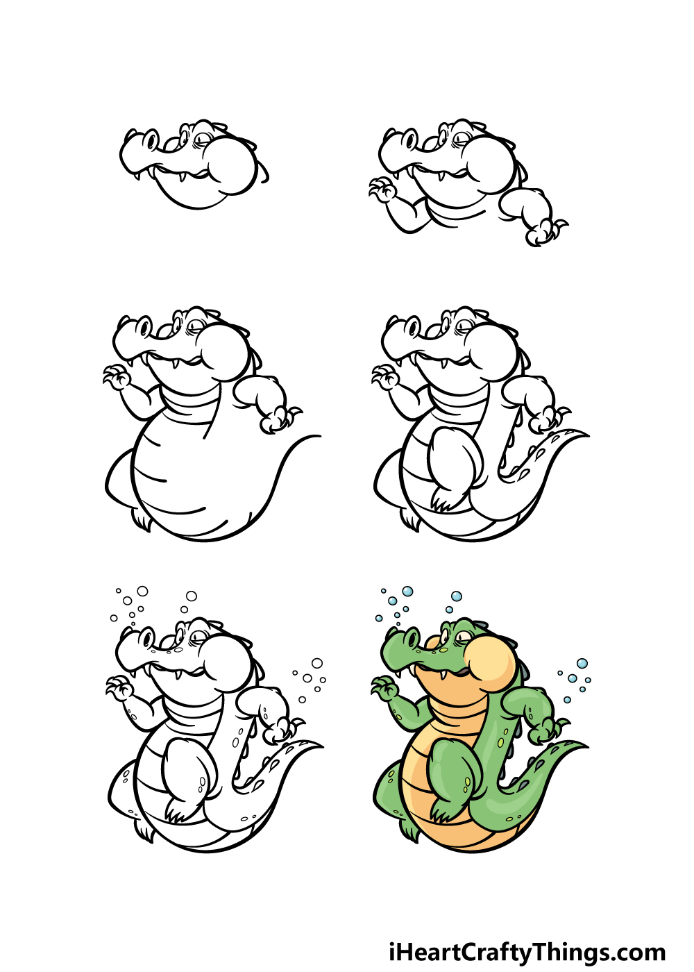 how to draw a cartoon crocodile in 6 steps