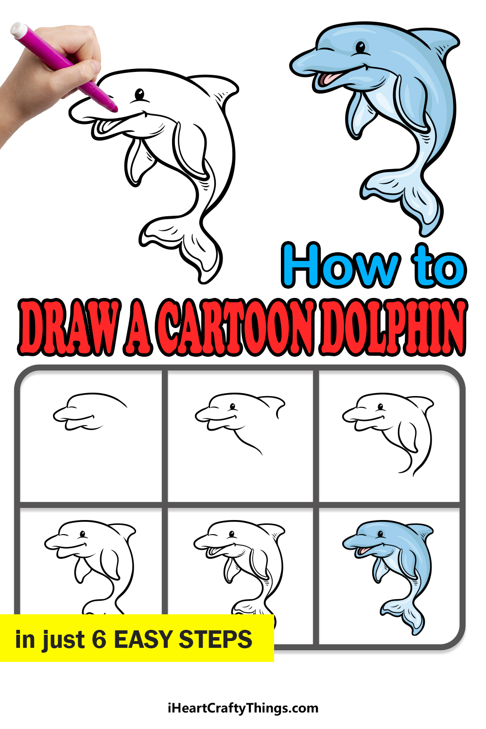 how to draw a cartoon dolphin in 6 easy steps