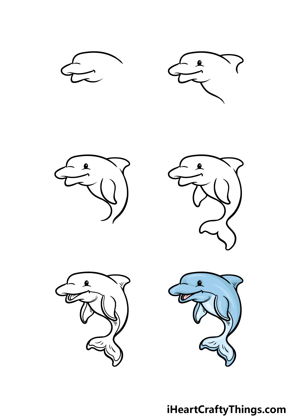 how to draw a cartoon dolphin in 6 steps