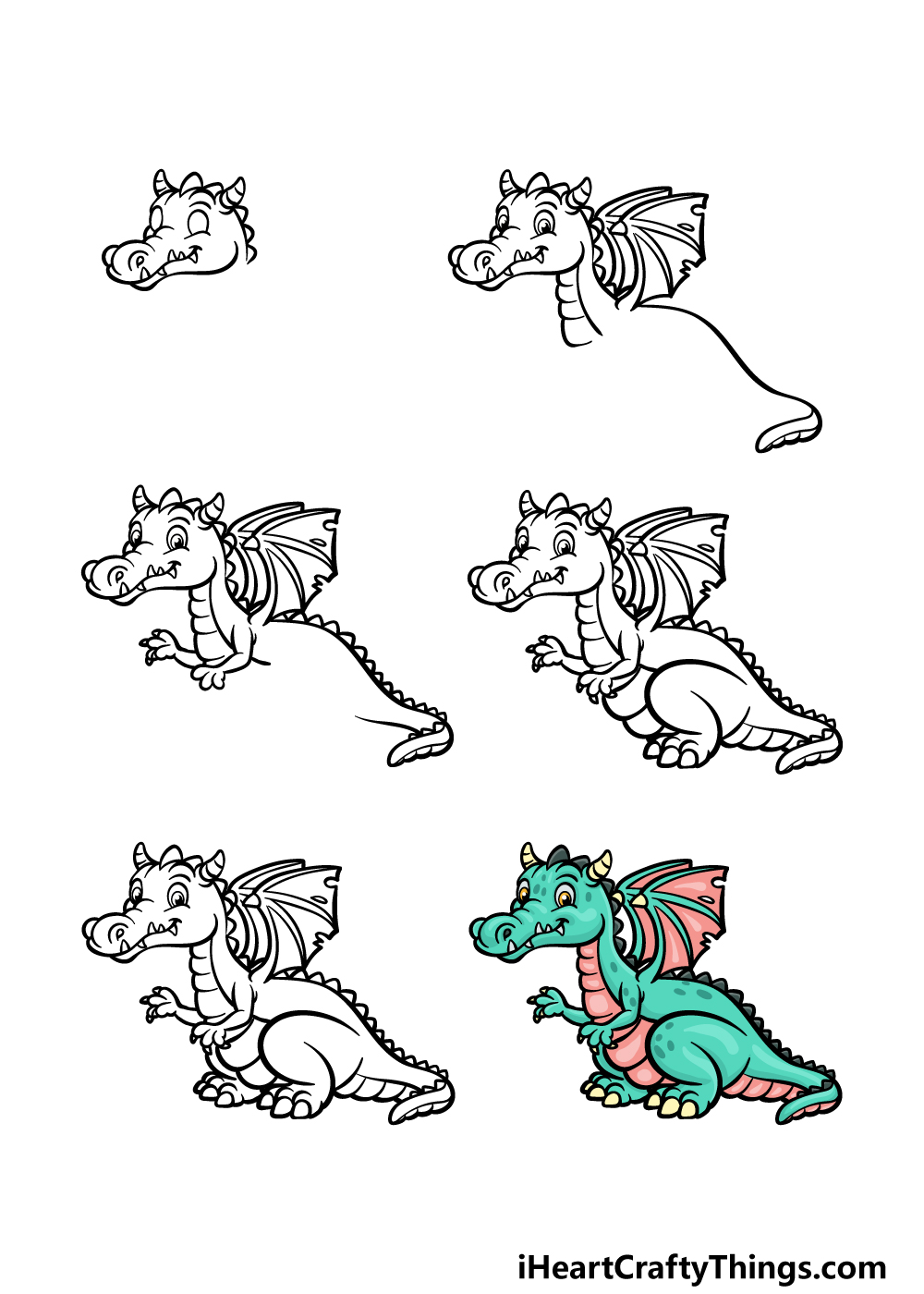 how to draw a cartoon dragon in 6 steps