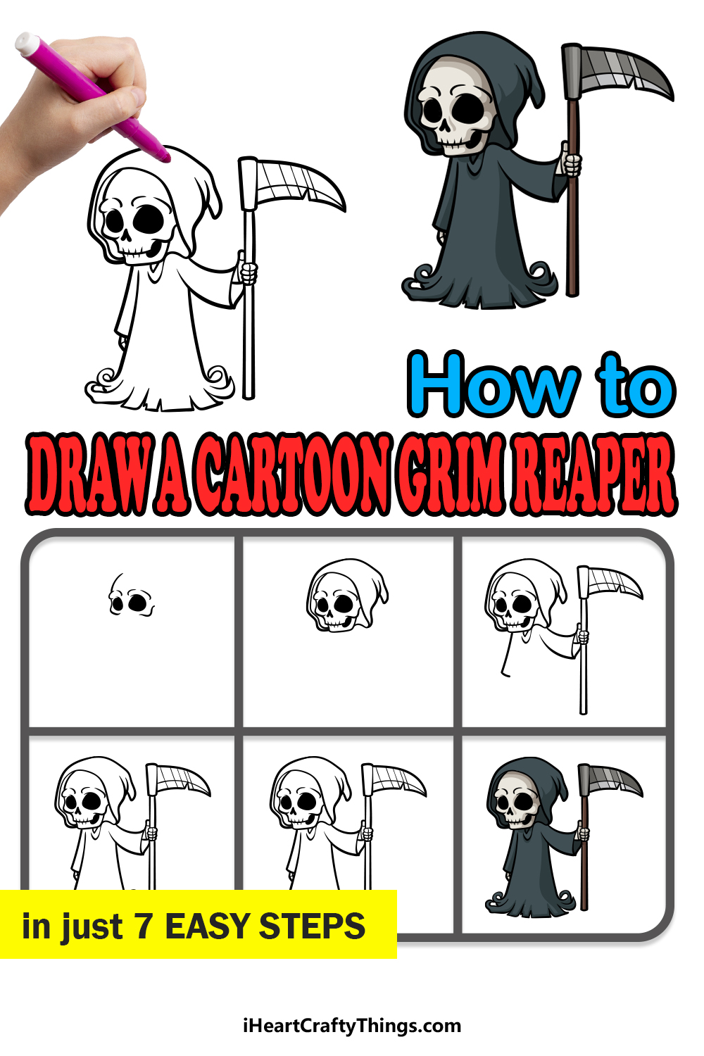 how to draw a cartoon Grim Reaper in 7 easy steps
