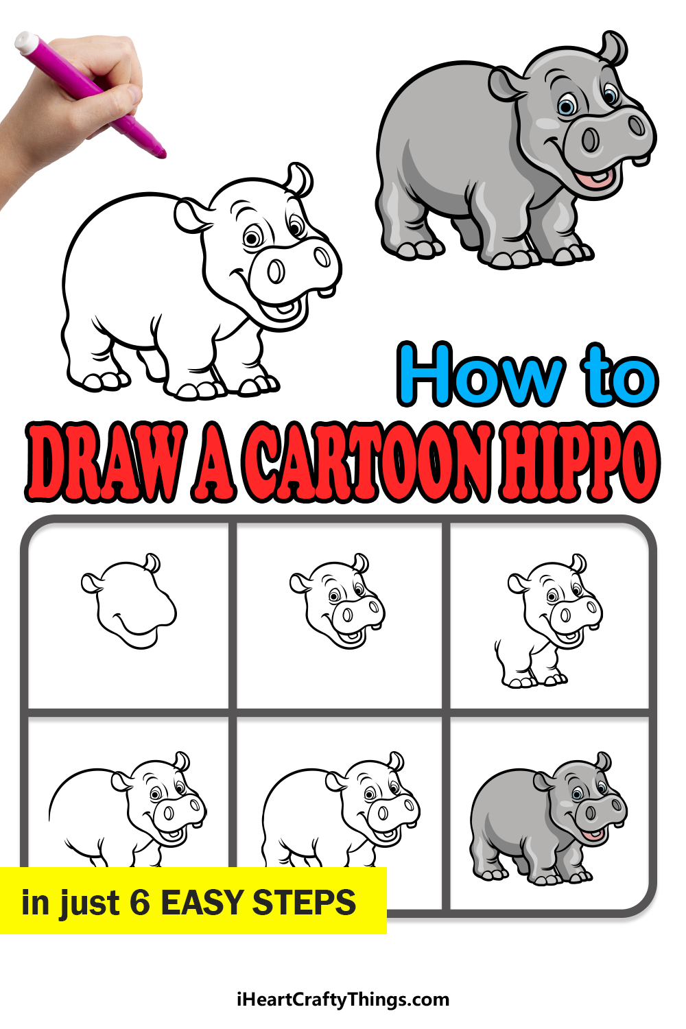 how to draw a cartoon hippo in 6 easy steps
