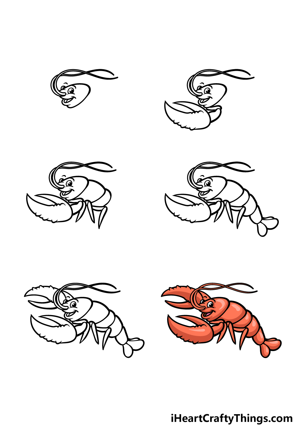 how to draw a cartoon lobster in 6 steps