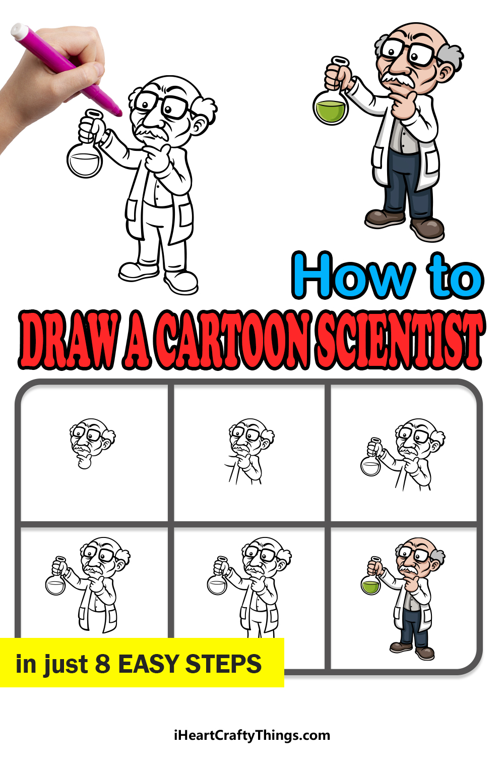 how to draw a cartoon scientist in 8 easy steps