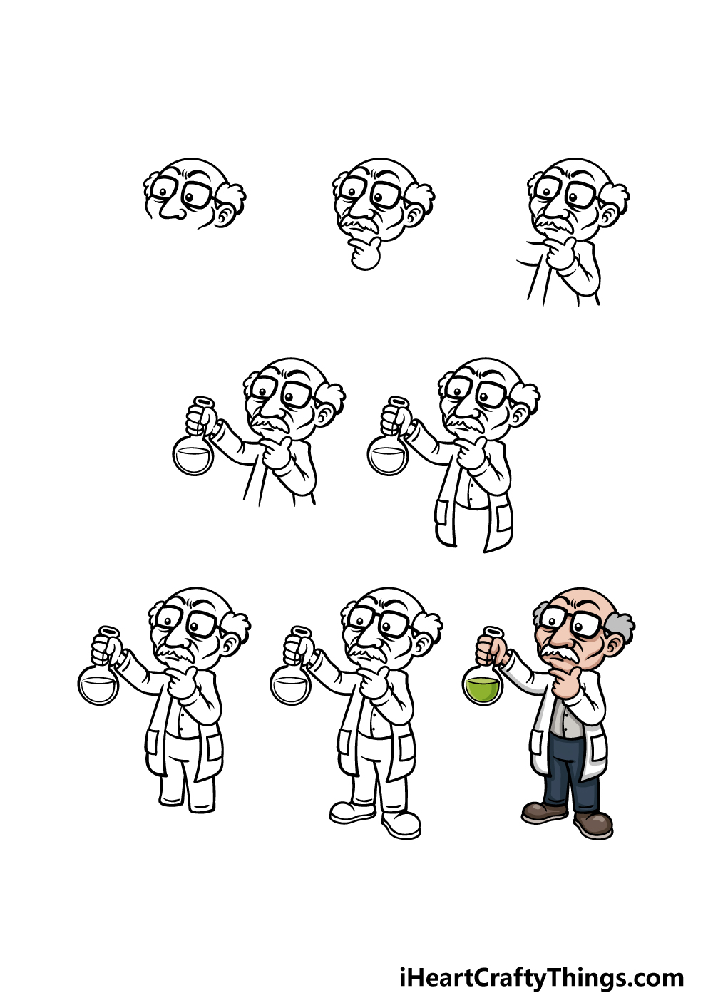 how to draw a cartoon scientist in 8 steps