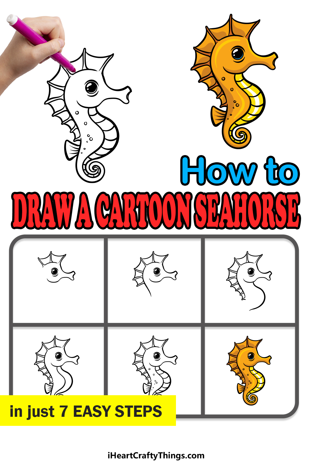 how to draw a cartoon seahorse in 7 easy steps