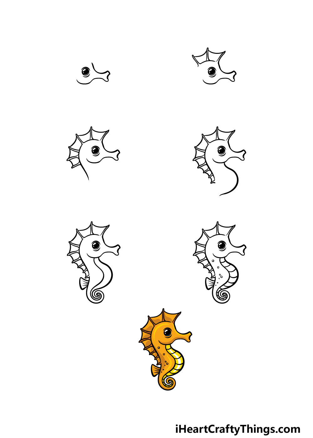 how to draw a cartoon seahorse in 7 steps