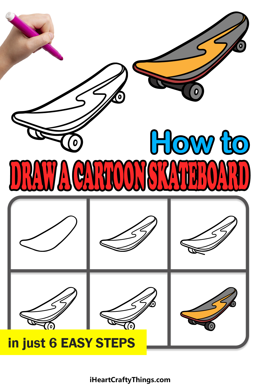 how to draw a cartoon skateboard in 6 easy steps