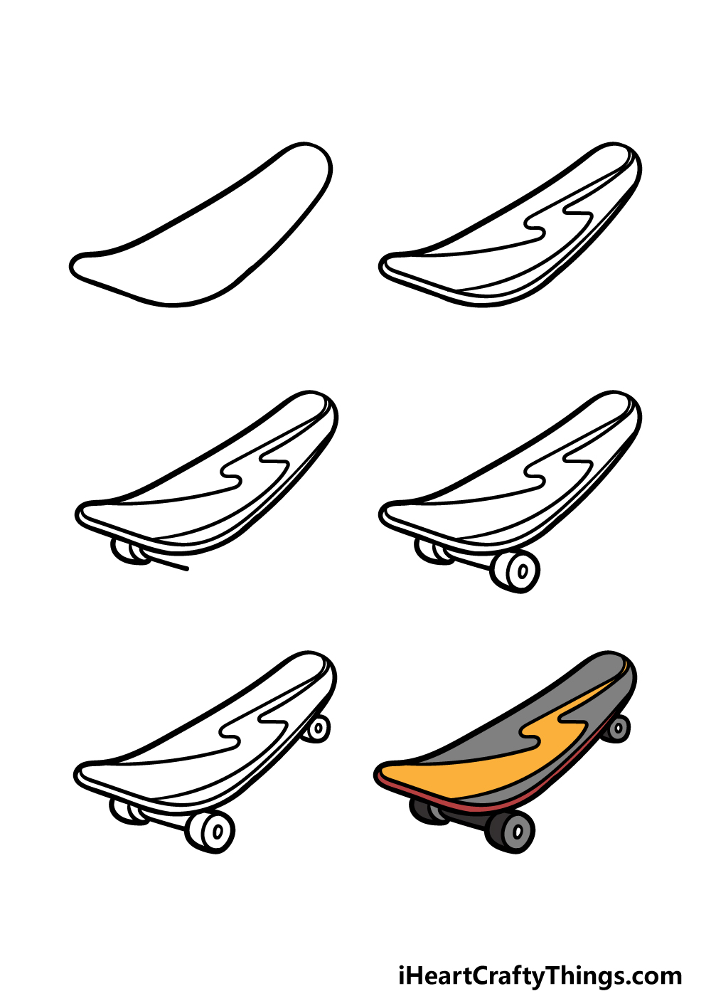 how to draw a cartoon skateboard in 6 steps