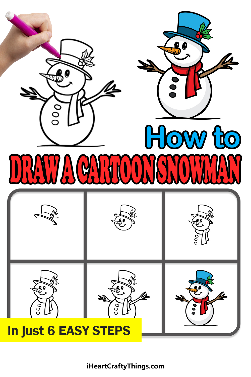 how to draw a cartoon snowman in 6 easy steps