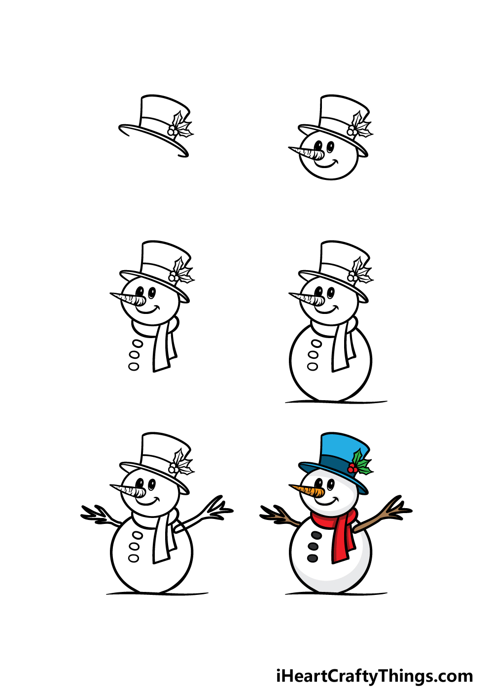 how to draw a cartoon snowman in 6 steps