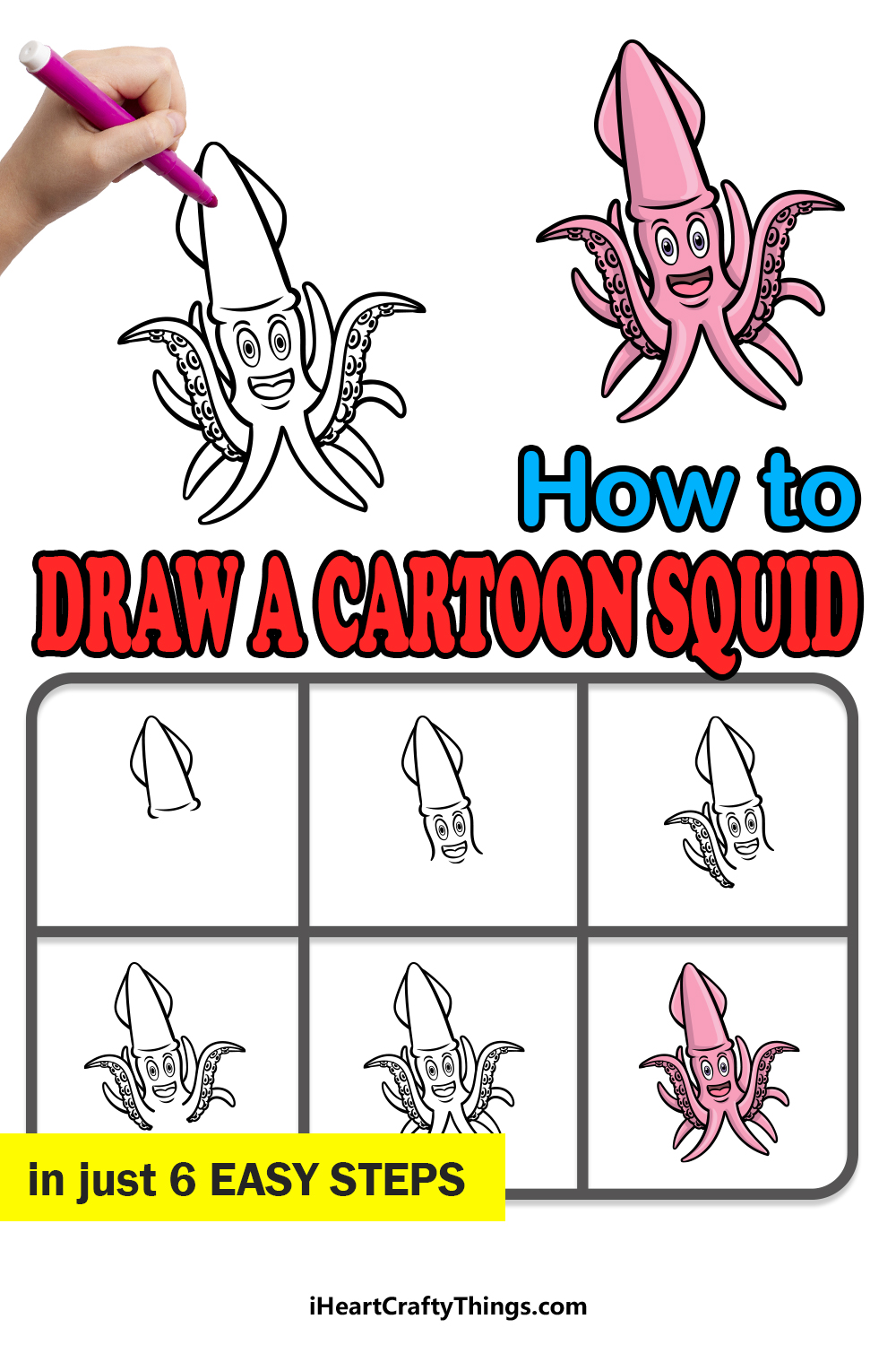 how to draw a cartoon squid in 6 easy steps