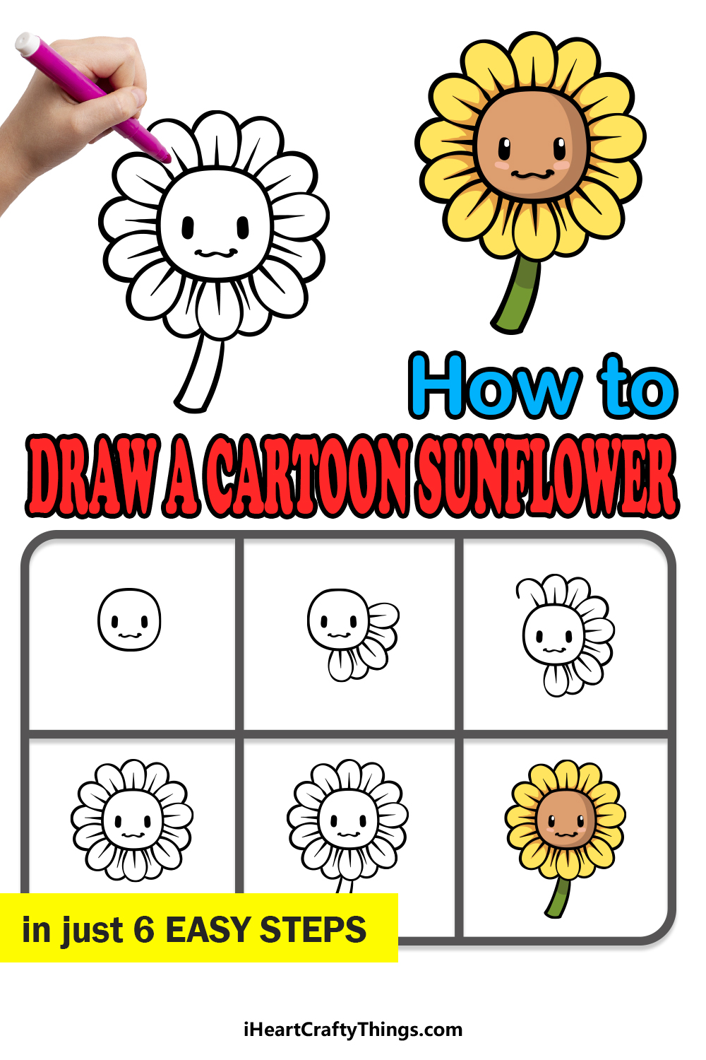 how to draw a cartoon sunflower in 6 easy steps