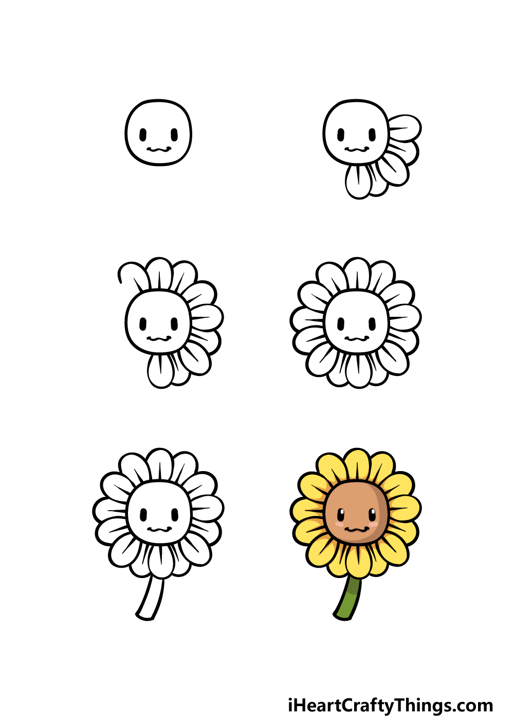 how to draw a cartoon sunflower in 6 steps