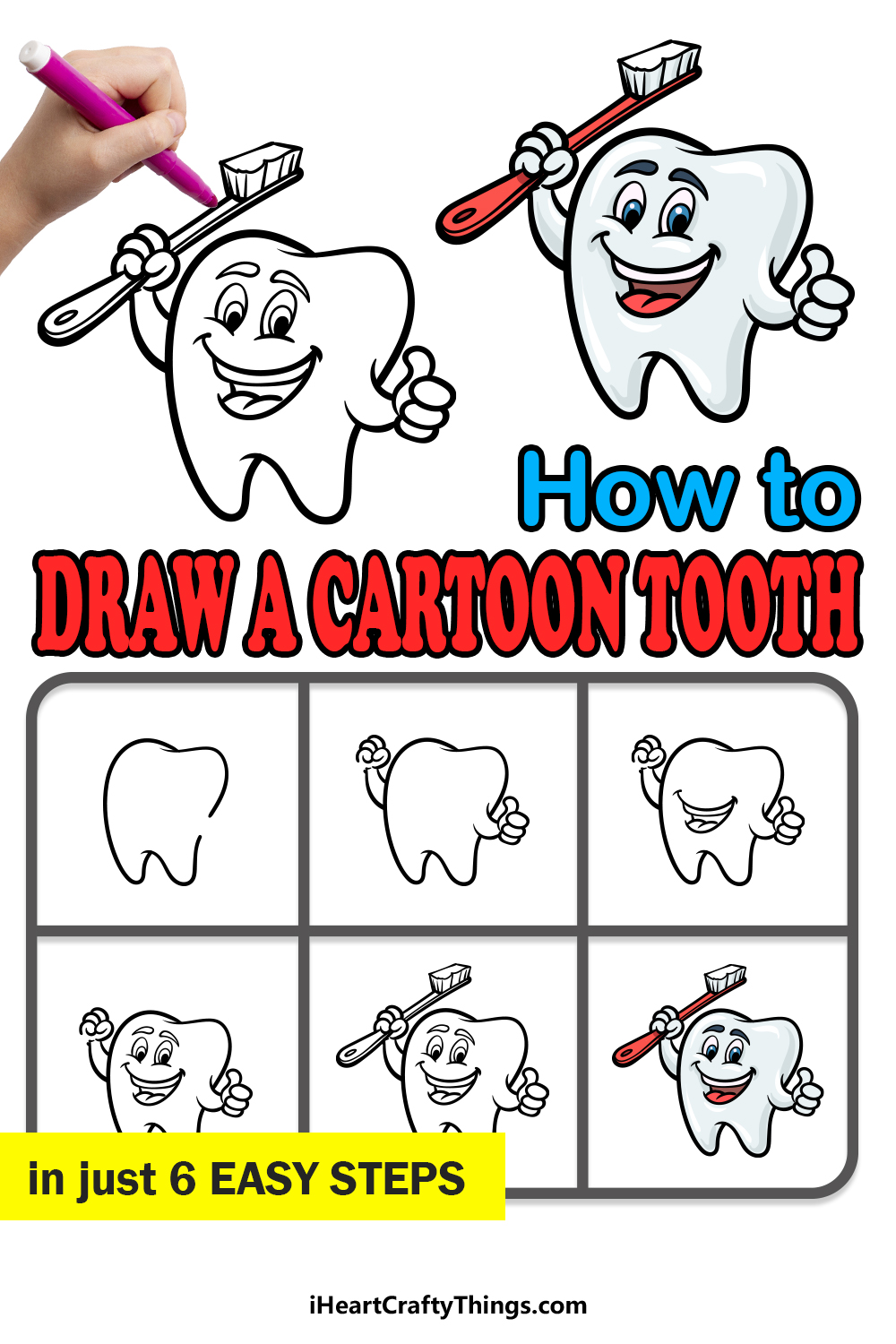 how to draw a cartoon tooth in 6 easy steps