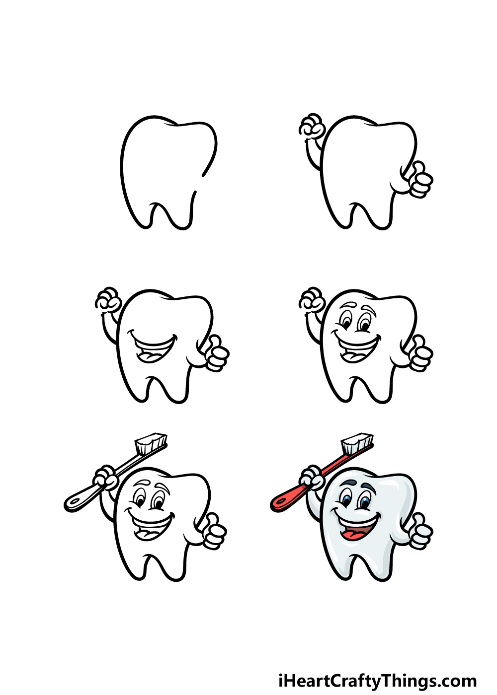 how to draw a cartoon tooth in 6 steps
