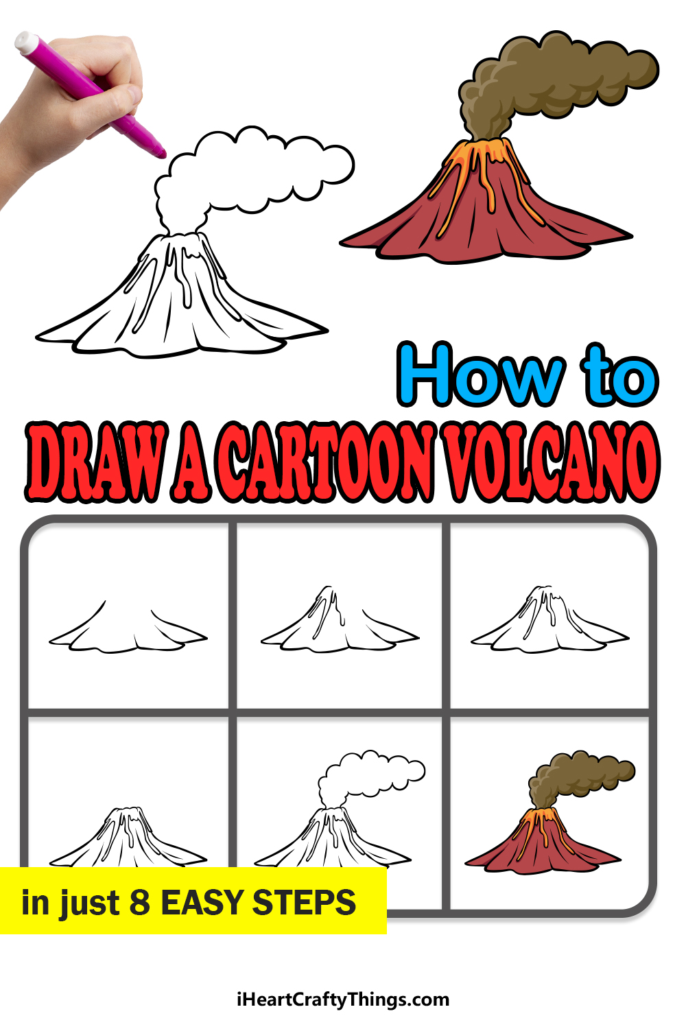how to draw a cartoon volcano in 8 easy steps