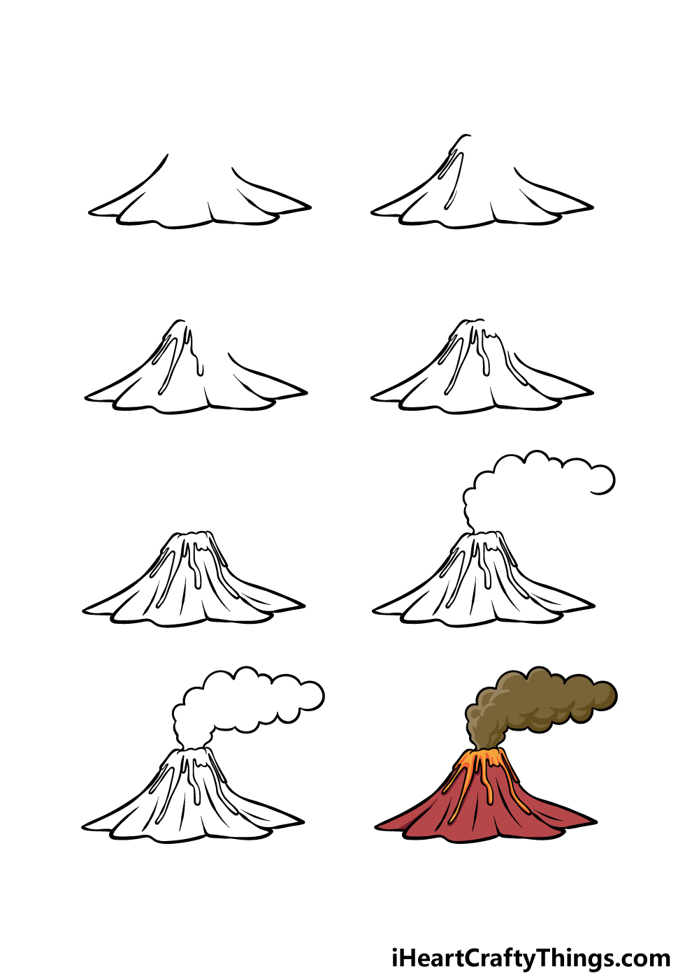 how to draw a cartoon volcano in 8 steps