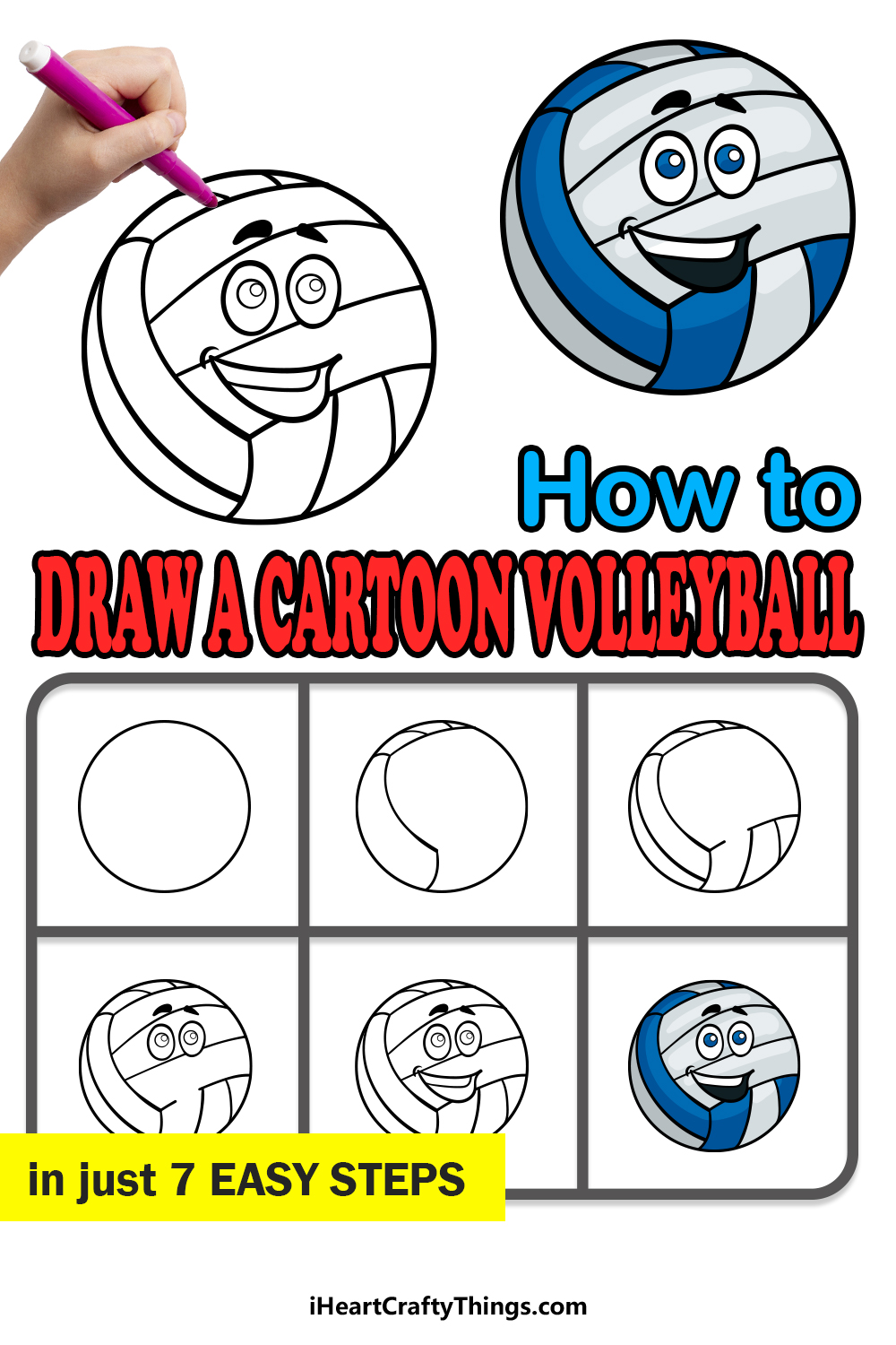 how to draw a cartoon volleyball in 7 easy steps