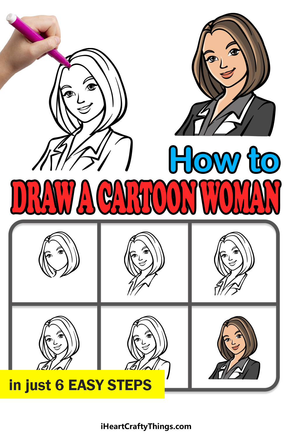 how to draw a cartoon woman in 6 easy steps