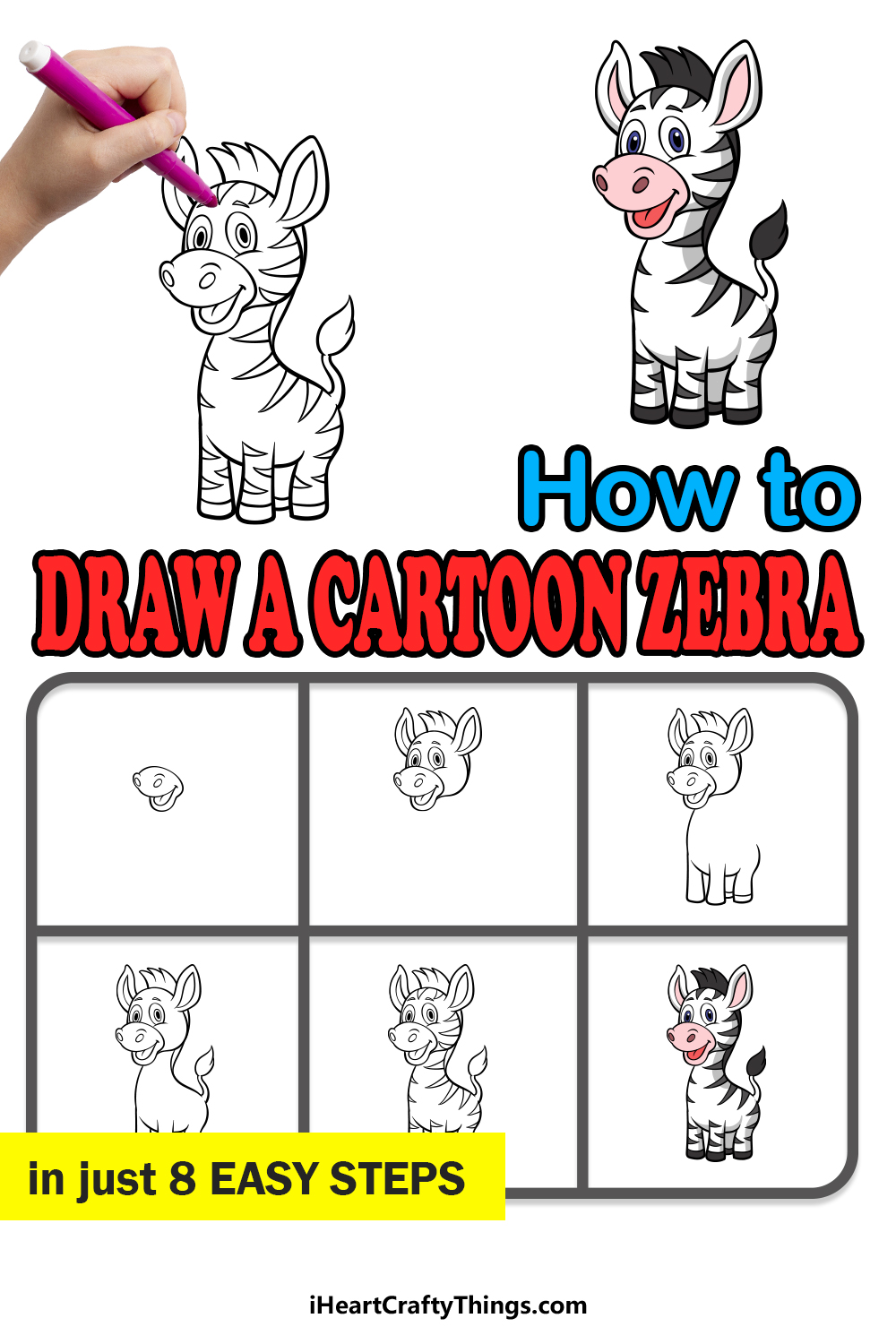 how to draw a cartoon zebra in 8 easy steps