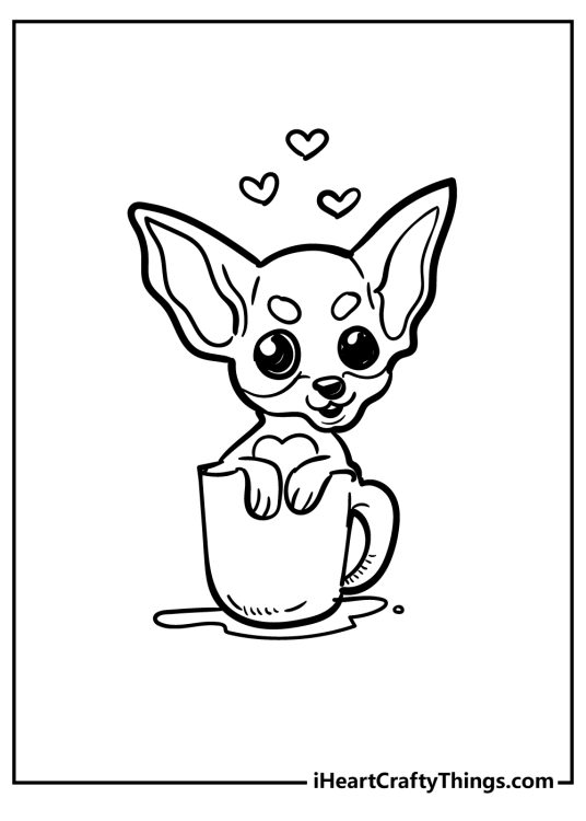 Coloring image for children featuring adorable little chihuahua sitting inside of a mug