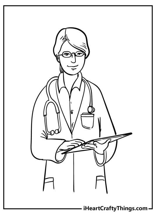 Coloring image for children featuring realistic doctor with glasses reading some results of a chart