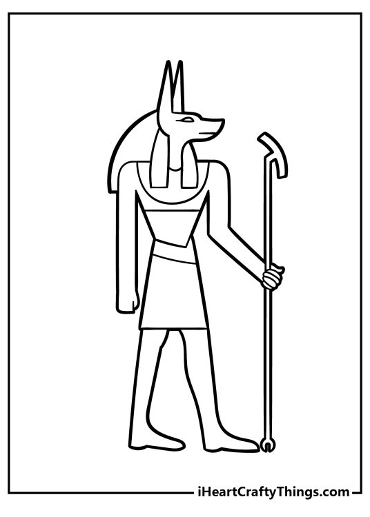 Detailed black-and-white drawing of a full size Egyptian god of the dead Anubis