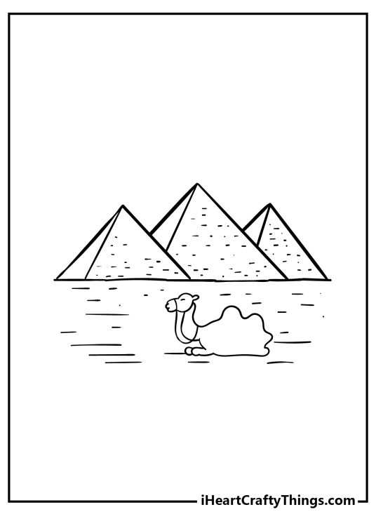 Printable coloring pdf of an ancient scene featuring camel resting in front of pyramids of Giza