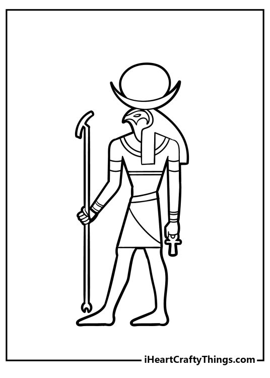 Educational coloring page for kids depicting one of the Egyptian gods carrying sun and moon on his head