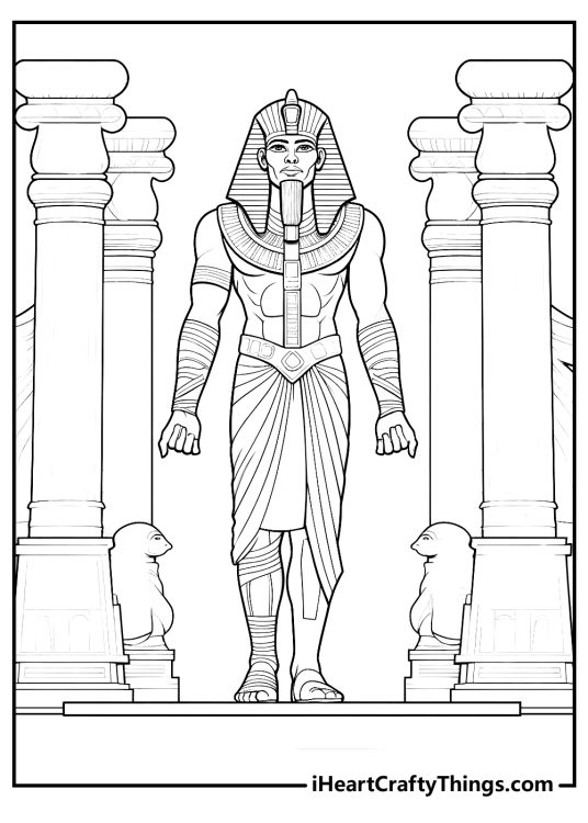 Detailed coloring scene for adukts featuring Egyptian pharaoh surrounded by majestic columns