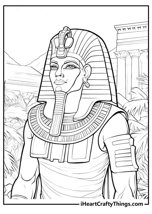 Detailed coloring portrait of an Egyptian god of the afterlife Osiris surrounded by greenery and ancient buildings