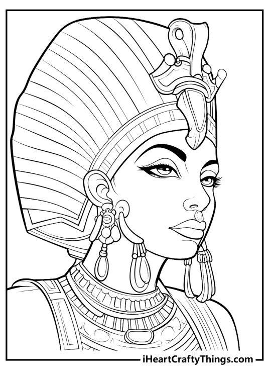 Advanced adult coloring sheet featuring detailed portrait of gorgeos Cleopatra