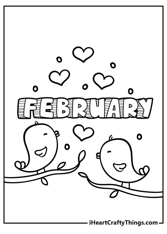 Picture featuring two cute birds sharing a loving moment and a word February written above them