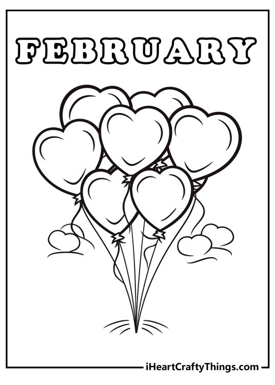 February-themed printable featuring word February written above seven heart-shaped balloons