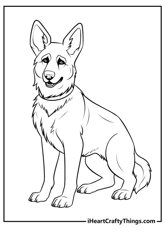 Printable coloring sheet of a playful German Shepherd with a smile and wagging tail
