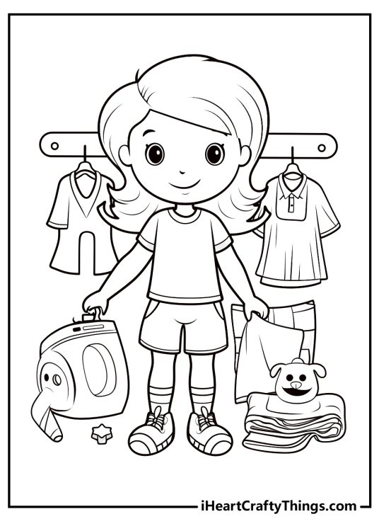 Girly picture to print and color showing a young girl posing next to her wardrobe