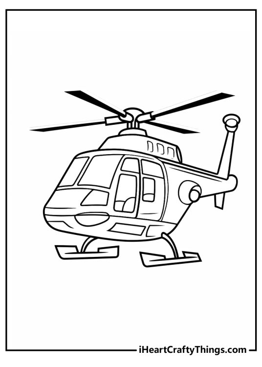 Black-and-white picture to color featuring helicopter with large imposing rotors and spacious cockpit