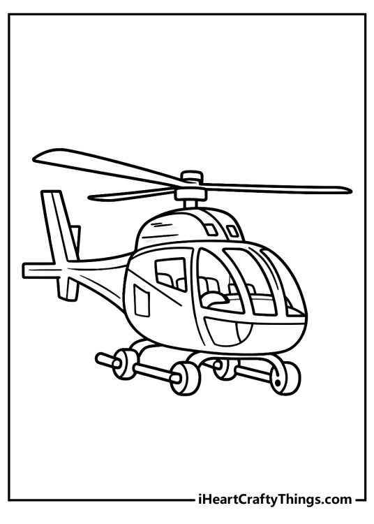 Printabe coloring page featuring helicopter with a round body and a twirly rotor on top