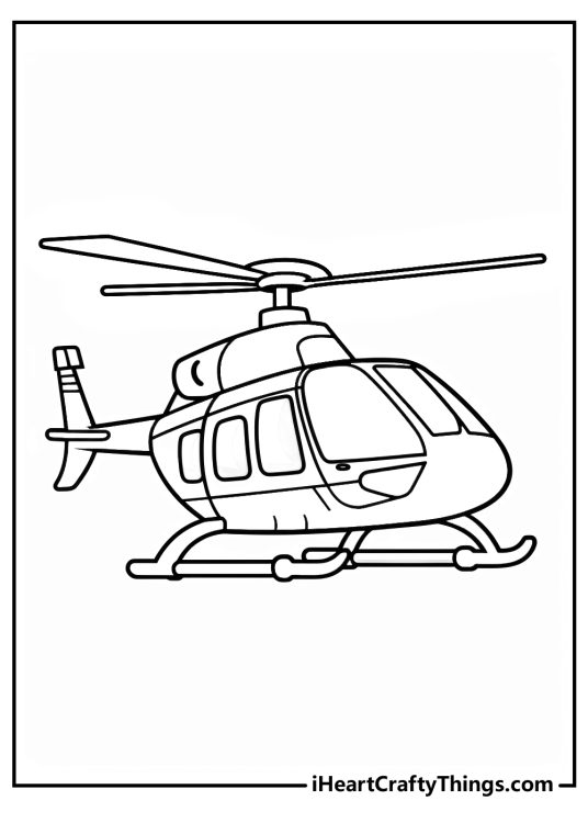 Helicopter with a pointy nose, curved body and angled tail featured on coloring page for kids