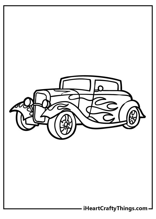 Hot Rod coloring page presenting classic style car with classic hot rod flames on the side