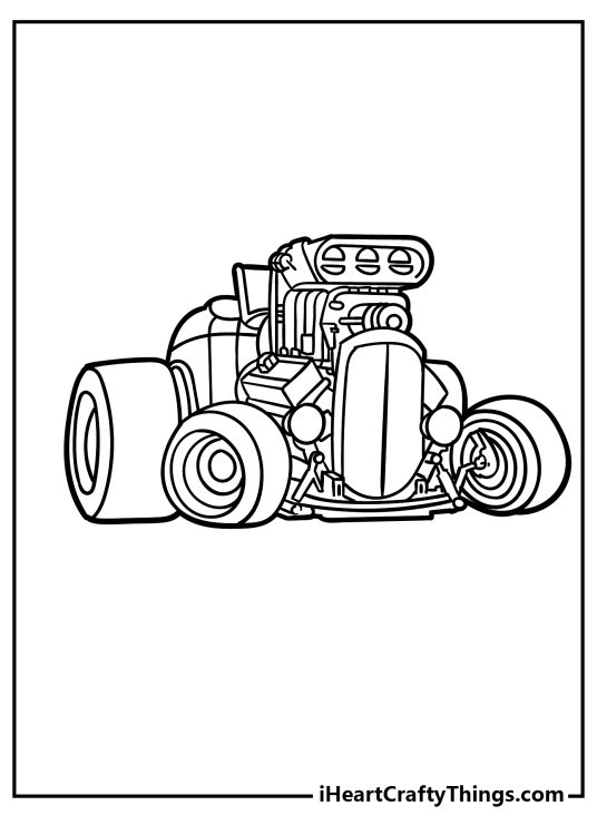 Hot Rod coloring printable featuring vehicle with a massive engine at the front