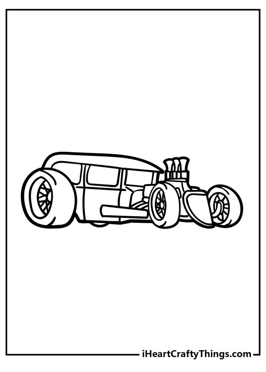 Hot Rod coloring printable featuring cartoony style vehicle with a big engine at the front