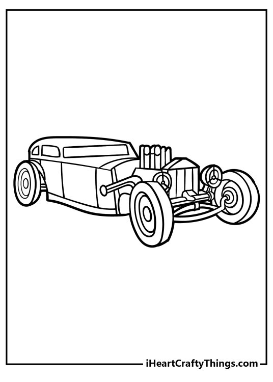 Hot Rod picture to print and color featuring unusual design vehicle with extended front
