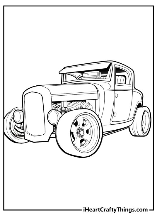 Coloring picture for adults presenting a classic style Hot Rod with intricate details