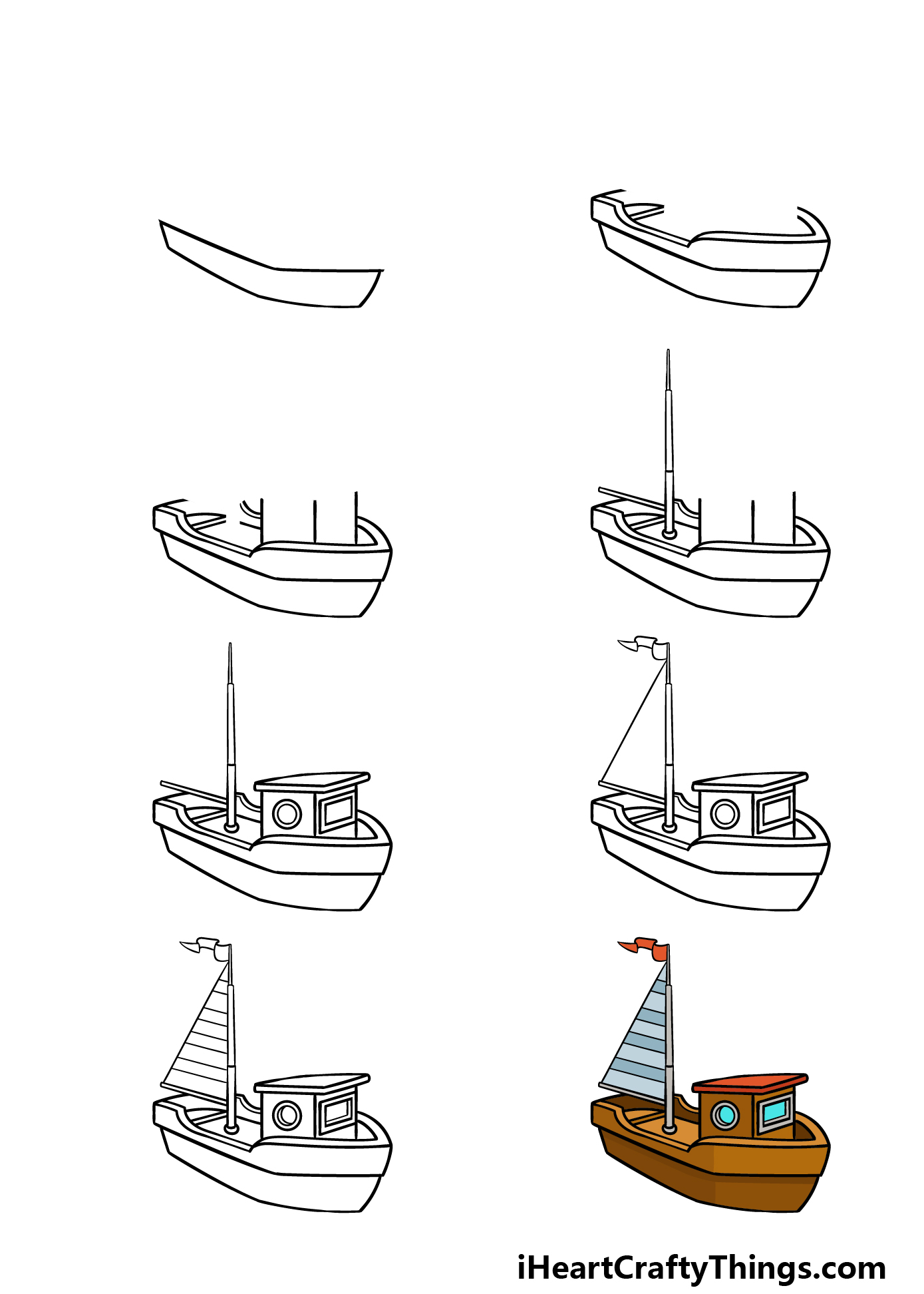 how to draw a cartoon boat in 8 steps