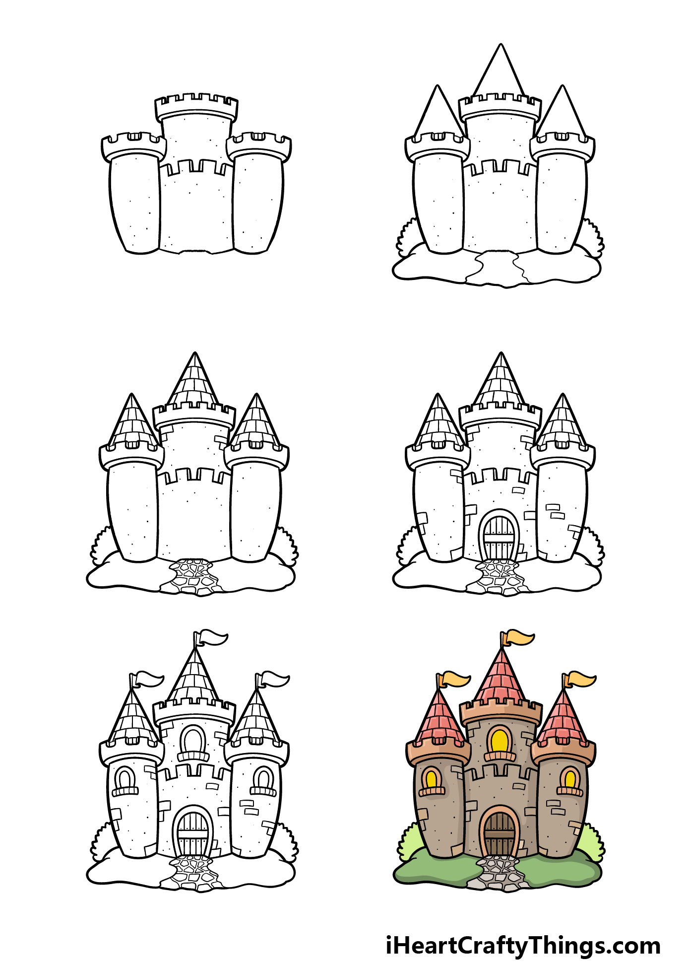 how to draw a cartoon castle in 7 steps