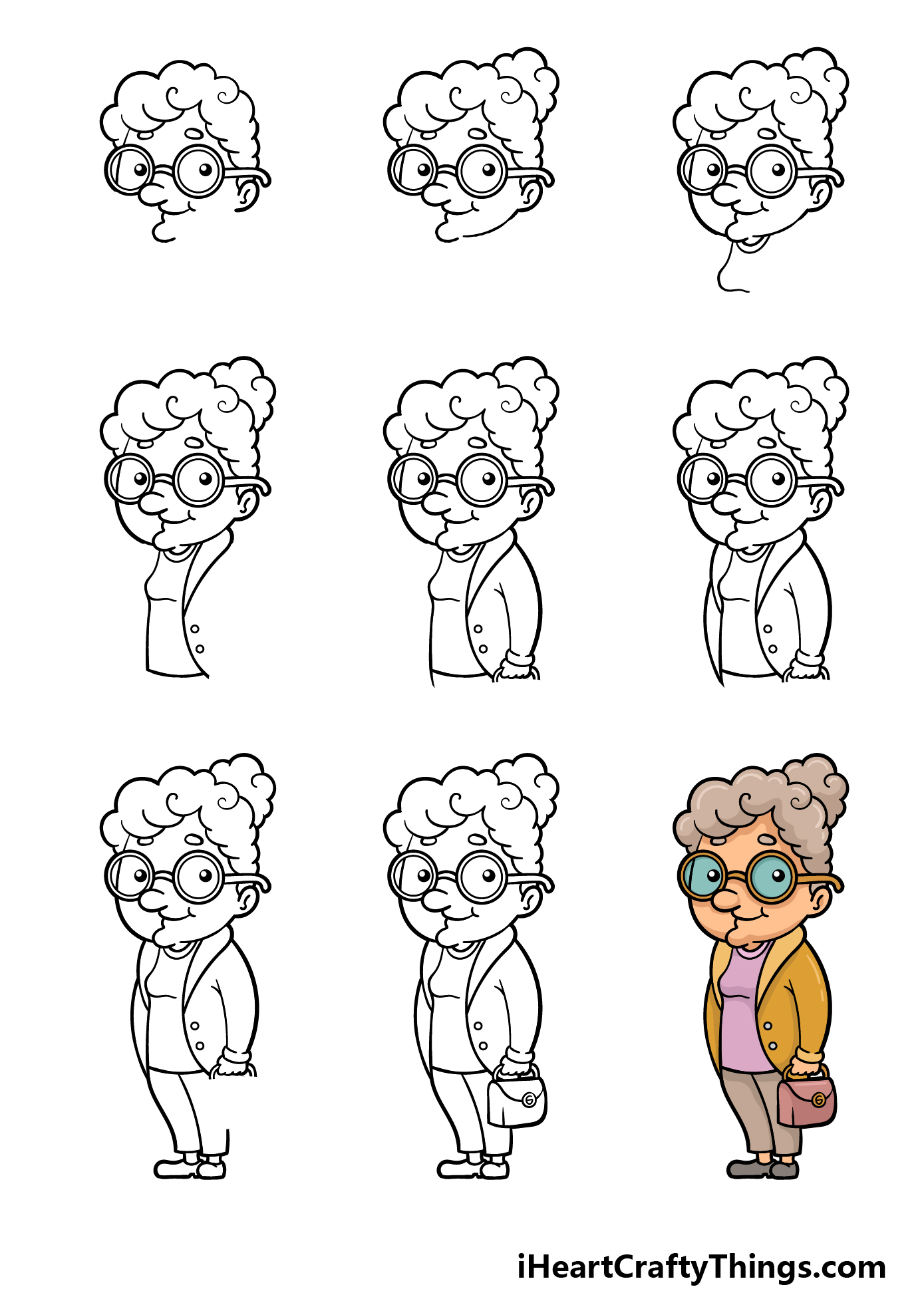 how to draw a cartoon grandma in 9 steps