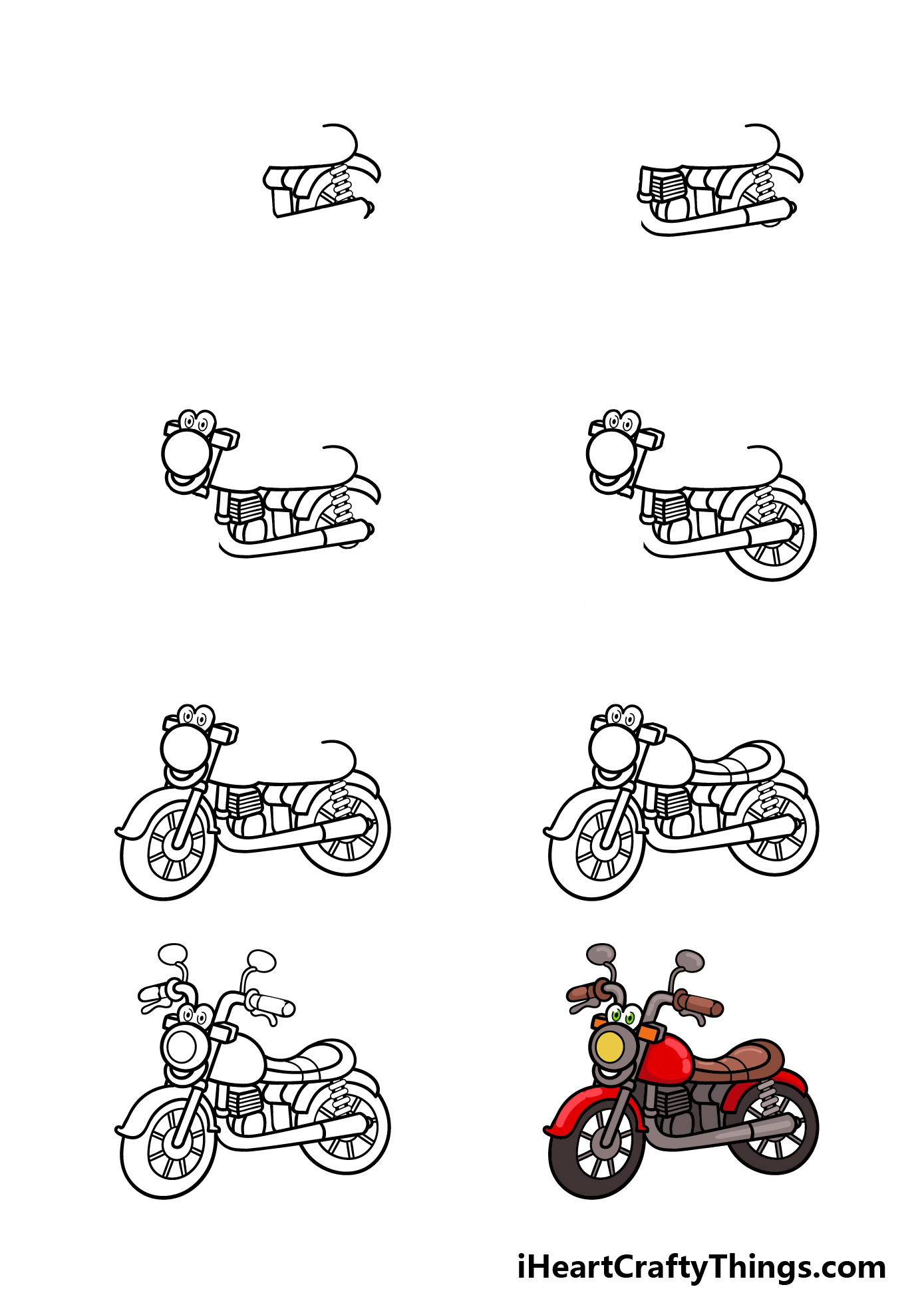 how to draw a cartoon motorcycle in 8 steps