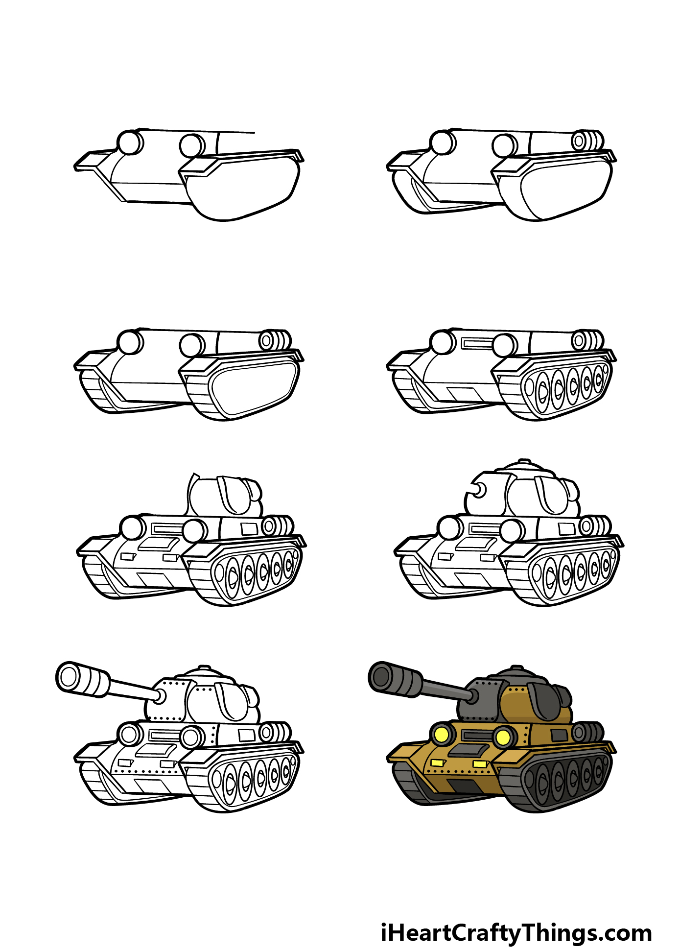 how to draw a cartoon tank in 8 steps